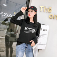 盛賽熙秋季新款寬松情侶裝班服修身長(cháng)袖T恤女英倫歐美風(fēng)百搭顯瘦打底衫 黑色   ER字母 S（80-95斤可穿）