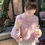 Lauaird 2022年秋裝新款粉色亮片毛衣女短款小個(gè)子溫柔風(fēng)馬海鏤空針織衫 粉紅色 L  110-120斤
