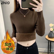 ZHIO加絨毛衣女加厚2024秋冬新款修身顯瘦半高領(lǐng)保暖上衣打底針織衫 咖啡色[加厚一體絨] L 建議(105-120斤)
