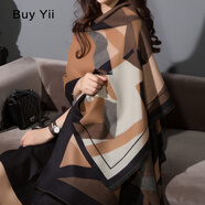BuyYii夏季空調(diào)房辦公室披風(fēng)加厚大披肩長(zhǎng)保暖百搭秋冬季披肩圍巾女兩用 幾何咖啡色