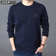 JEEP SPIRIT長袖t恤寬松大碼春秋季男士圓領(lǐng)套頭衫純色棉質(zhì)體恤繡標(biāo)開衩上衣 寶藍 L175/96A建議135-145斤