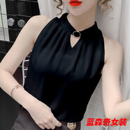 沐悠羽無袖雪紡襯衫女掛脖吊帶背心女夏新款內(nèi)搭外穿鏤空打底上衣女 黑色 M