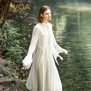 VOA暗紋提花桑蠶絲拼接喬其塔克褶立領(lǐng)喇叭長(cháng)袖寬松連衣裙 AE2115 玉白踏痕（W24） S