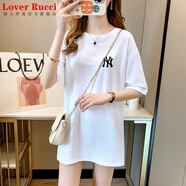 LOVER RUCCI鯊魚褲搭配的短袖上衣2025夏新款純棉黑色中長(zhǎng)款半袖兔子t恤女潮 236-15B白色 M 適合95-110斤