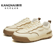 康奈男鞋秋新款休閑運(yùn)動鞋男皮面戶外舒適百搭板鞋男18235019 米白色 41