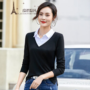 酷梵?。↘UFANXI） KUFANXI品牌原創(chuàng  ) 假兩件襯衫t恤女長(cháng)袖秋裝打底衫翻領(lǐng)polo衫上衣 黑色 L