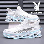 花花公子（PLAYBOY）網(wǎng)面鞋子男2023新款透氣飛織刀鋒休閑運動男鞋秋季增高百搭厚底鞋 白色 41