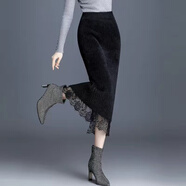 Radinka2025秋冬新款中長(cháng)款針織開(kāi)叉半身裙女高腰顯瘦A字包臀裙毛線(xiàn)裙 絨面長(cháng)蕾絲黑色 S