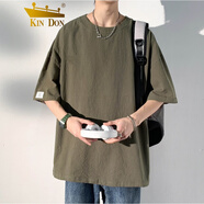 KIN DON短袖亞麻短袖t恤男夏季潮牌潮流大碼寬松衣服中國(guó)風(fēng)棉麻體恤 綠色 XL