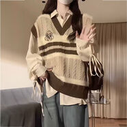 巷詹【兩件套裝】學(xué)院風(fēng)寬松徽章V領(lǐng)針織馬甲背心毛衣女學(xué)生+綁帶襯衫 [套裝]卡其色馬甲+杏色綁帶襯 L