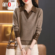 璦優(yōu)霏（aiyoufei）假兩件上衣女2024年秋裝新款薄款毛衣短款洋氣翻領(lǐng)拼接打底針織衫 圖片色 453-101咖色 XL建議115-125斤左右