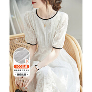 德瑪納（dme）連衣裙100%純棉仙女裙圓領(lǐng)收腰X型撞色系帶女中長(cháng) 本白 M 