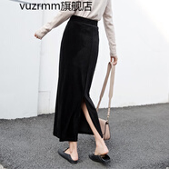 vuzrmm輕奢春秋復古女裝金絲絨半身裙開(kāi)叉直筒百搭包臀裙中長(cháng)款一步裙 黑色春秋款后開(kāi)叉 裙長(cháng)90厘米 3XL