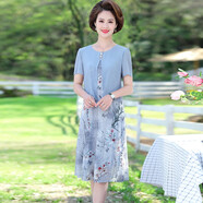 情羅蘭中老年女裝夏裝媽媽裝雪紡連衣裙40歲50中年人短袖碎花過膝裙子女 藍灰色 3XL 建議115-130斤