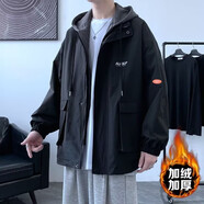 RXEX外套男春秋冬季潮流韓版寬松休閑衣服男裝潮牌假兩件工裝連帽夾克 加絨JK303-黑色 2XL