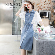 SIN.CYC女裝連衣裙中長款夏季短袖韓版翻領(lǐng)氣質(zhì)假兩件束腰牛仔裙 圖片色 L