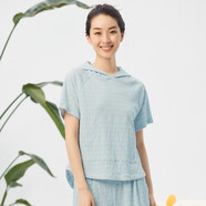 銅牛棉混紡橫紋皺布連帽女居家上裝 夏休閑短袖衫 藍(lán)色 M (165/90)