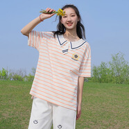 方糖姑娘初中女生夏裝短袖體恤海軍領條紋學院風青少女休閑上衣夏季T恤潮 83079SC粉條T恤 M