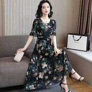 在禮短袖雪紡連衣裙女夏2025新款收腰顯瘦修身氣質(zhì)長(zhǎng)款碎花裙長(zhǎng)裙 綠色 2XL