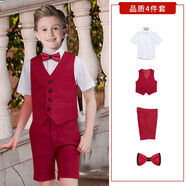 ELPA兒童禮服套裝夏男童小花童六一兒童節(jié)演出服學(xué)生合唱服短袖背帶褲 紅色馬甲短袖短褲4件套 130碼 身高120-130cm 重46-50斤