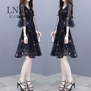 LNSN 輕奢潮牌2024年新款女連衣裙氣質(zhì)顯瘦時(shí)尚小個(gè)子碎花雪紡連衣裙 黑色 XL