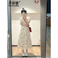 丹珠娜蕾絲連衣裙女裝2024春季新款碎花裙溫柔法式復(fù)古方領(lǐng)長(zhǎng)裙子女早春 黃色碎花 M