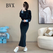 BVX歐洲站時(shí)尚休閑套裝裙女春秋款新款牛仔拼接連帽衛衣中長(cháng)裙兩件套 黑色 S