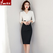 J-ME職業(yè)連衣裙女拼色包臀裙修身工裝春季時(shí)尚氣質(zhì)中長(cháng)款ol通勤工作服 圖片色 L