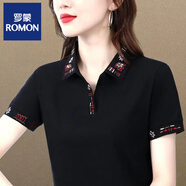 羅蒙品牌純棉短袖T恤女夏季修身減齡氣質(zhì)翻領(lǐng)新款polo衫繡花上衣 高端品牌黑色-8902+高檔品牌 2XL 【125-135斤】+高檔品牌