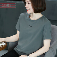 橫行道短袖t恤女裝2024夏季新款純色字母刺繡寬松體恤圓領(lǐng)上衣半袖 灰色 XL