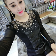 賢語(yǔ)戀佩常規/春秋新款時(shí)尚燙鉆蕾絲衫秋冬PU皮拼接打底衫女 黑色(薄款) S(75-93斤)