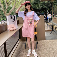 酷萌晨晨童裝女童套裝夏裝兒童新款中大童短袖T恤小兔牛仔背帶裙兩件套裝夏季3-15歲韓版小女孩時(shí)尚衣服 粉紅色 130(建議125cm左右)
