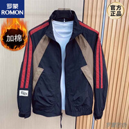羅蒙歐洲站春秋季新款男士夾克潮流時(shí)尚條紋拼接撞色開(kāi)衫立領(lǐng)拉鏈外套 加棉黑色 冬款 XL 【120-135斤】
