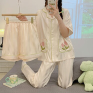 JaetinWsinn帶胸墊冰絲睡衣女士三件套裝夏季天短袖薄款大碼2025年新款家居服 0028#【不帶胸墊】三件套 M (152-158CM 85-105斤)