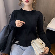 米豆小主秋冬2023新款圓領短款打底毛衣女寬松內搭時尚百搭長袖針織衫上衣 黑色 XL 建議115-125斤