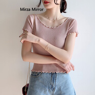 Mirza Mirror夏季短袖冰絲針織T恤女修身顯瘦木耳邊高腰短款露肚臍鎖骨上衣薄 粉色 M