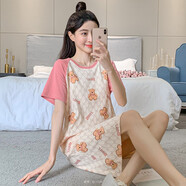 奧蜜雪睡裙女夏純棉短袖韓版薄款甜美休閑中裙寬松大碼睡衣女夏天全棉家居服 Q-1528 XL（120-140斤）