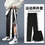 柯菲沃排扣褲男夏季全開秒脫籃球褲子男寬松大碼直筒學生運動訓練褲男 穩(wěn)過-W24黑色+短褲黑色  L(建議體重110-125斤)
