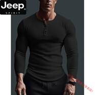 JEEP SPIRIT歐美硬漢阿美咔嘰美式復(fù)古重磅T恤棉亨利領(lǐng)長袖短男內(nèi)搭打底衫 黑色 L