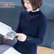橫行道2024新款女裝半高領(lǐng)打底衫蕾絲鏤空上衣服純色T恤春季 寶藍(lán) 2XL