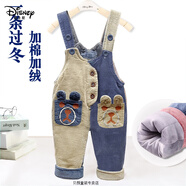 迪士尼（Disney）春秋薄時尚寶寶鴛鴦褲寬松褲子男女嬰兒童裝周歲加絨背帶褲單扎牙 口袋熊藍+卡其米(三層加厚)加絨 73號/5-14個月