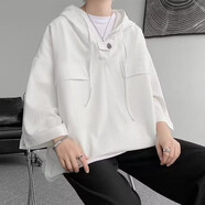 潮陣夏季連帽套頭短袖T恤男寬松半開(kāi)襟紐扣薄衛(wèi)衣麻棉半袖t體恤帽衫潮 神秘-K22白色 2XL