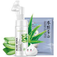 韓嬋蘆薈補水按摩潔面泡沫洗面奶潔面乳膏慕斯 帶刷頭按壓式深層清潔 潔面泡沫1件+面膜1片