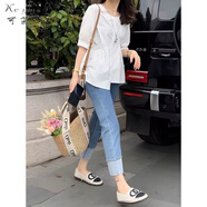 可茵（Keyin）休閑褲女裝2025年女夏新款套裝女減齡小個子穿搭百搭九分牛仔褲子 白色上衣 XL