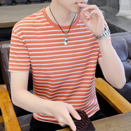 啄木鳥(niǎo) 夏季絲光棉短袖T恤男潮牌刺繡圓領(lǐng)條紋體恤衫帥氣百搭夏天上衣 3橘色 L