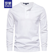 羅蒙（ROMON）品牌新款重磅T恤亨利衫男裝開(kāi)領(lǐng)長(zhǎng)袖阿美咔嘰美式棉質(zhì)修身上衣服 白色 M 130-145斤