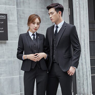 普妮姿職業(yè)裝女裝套裝男女同款西裝三件套英倫風(fēng)修身氣質(zhì)白領(lǐng)西服高端商務(wù)正裝工裝售樓部銷(xiāo)售工作服 【女款】黑色西裝+白色襯衫+西褲+半裙 2XL