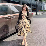 蝶嬌諾新款連衣裙女裝2025年夏季茶歇碎花法式吊帶裙針織衫外披兩件套裝 長款吊帶裙+外披【套裝】 L【建議110-120斤】