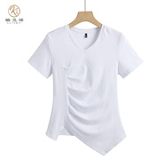 酷梵?。↘UFANXI） 歐洲站V領(lǐng)褶皺不規(guī)則下擺修身款彈性棉質(zhì)舒適貼身短袖女T恤棉 白色 XXXL