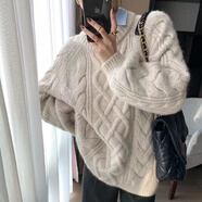KAHTOP2024秋冬新款紫色圓領(lǐng)麻花中長(zhǎng)款套頭針織毛衣女慵懶風(fēng)針織衫CXF 米白 M 96-110斤
